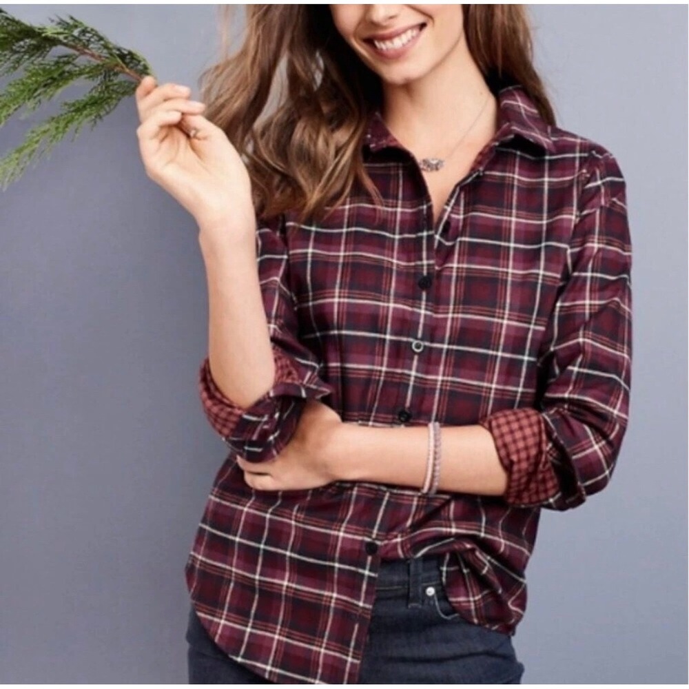 Garnet Hill Burgundy Plaid 100% Organic Pima Cotton Button Down Shirt‎  Medium